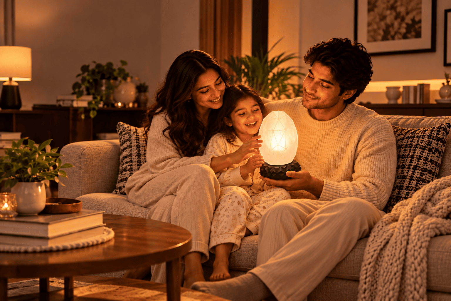 Family enjoying the warm ambient light of the Auravak Orbi Smart Lamp
